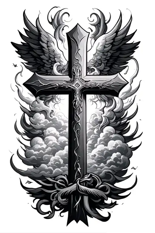 Gabriel meaning with giant cross with Date of birth and the cloud fillers tattoo design idea