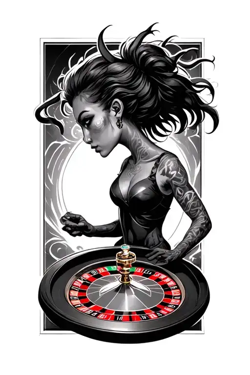 imp in profile standing over a roulette table tattoo design idea