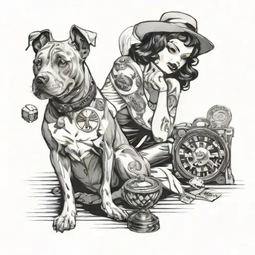 A gambling themed pin up girl with a pit bull by her side in a black-grey style tattoo design idea