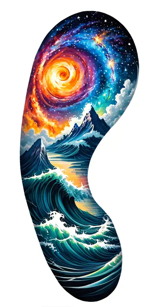Full-arm tattoo, top: colorful galaxy with stars and nebula, middle/back: majestic mountains, bottom/front: ocean waves tattoo design idea