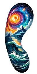 Full-arm tattoo, top: colorful galaxy with stars and nebula, middle/back: majestic mountains, bottom/front: ocean waves tattoo design idea