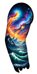 Full-arm tattoo, top: colorful galaxy with stars and nebula, middle/back: majestic mountains, bottom/front: ocean waves tattoo design idea
