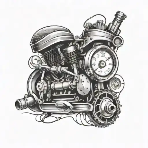 cylinder and crankshaft from motorcycle engine with speedometer, chain and sparkplug with sparks. full upperarm sleeve  tattoo design idea
