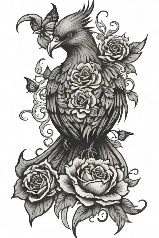 phoenix bird with roses and butterflies tattoo design idea