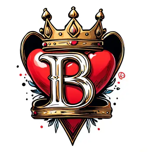 alphabet B king crown with heart tattoo design idea