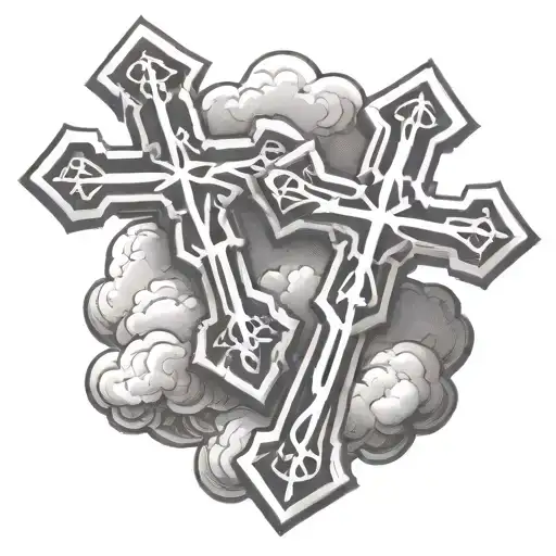 two chrome hearts crosses very close to eachother with clouds behind them tattoo design idea