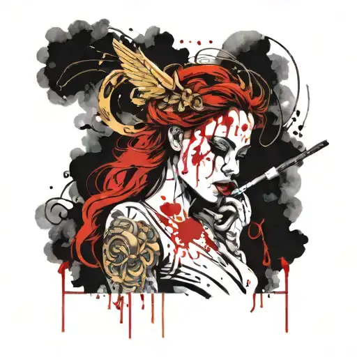 Sexy Angel Smoking side view big cleavage torn white dress dripping in blood golden halo malicious expression tattoo design idea