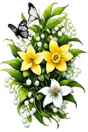 A winding green vine with delicate white lily of the valley flowers and bright yellow daffodils with a butterfly tattoo design idea