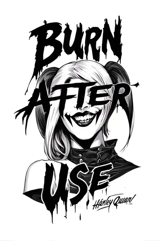 "Burn after use" Harley Quinn suicide Squad tattoo design idea
