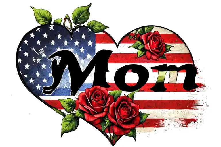 "Mom" american flag heart with roses tattoo design idea