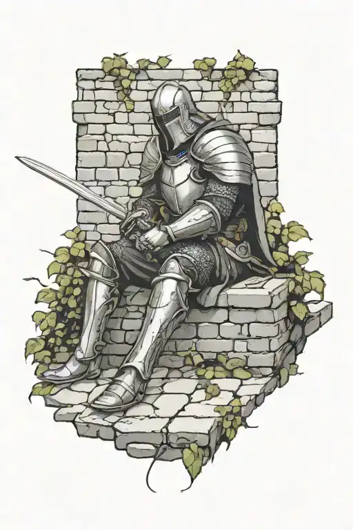 fallen knight dead sitting against a medieval cobblestone wall with creeping vines and his sword on the ground. tattoo design idea