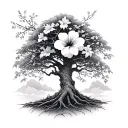 willow tree surrounded by hibiscus flowers and cherry blossoms  tattoo design idea