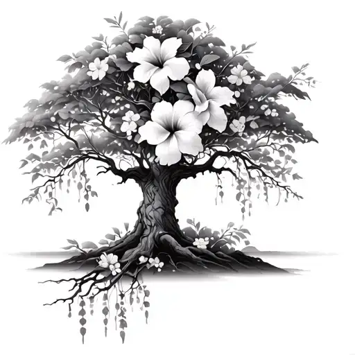 willow tree surrounded by hibiscus flowers and cherry blossoms  tattoo design idea
