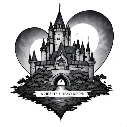 "A Hearts a Heavy Burden" tattoo from Howls moving Castle with the castle outline tattoo design idea