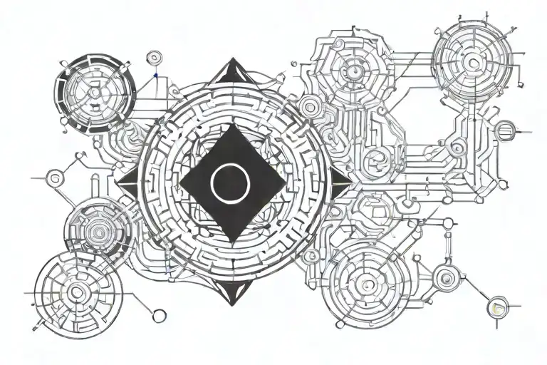 the differences between taoism and technological immortality, and how we view technology as a god, in sheer line work  tattoo design idea