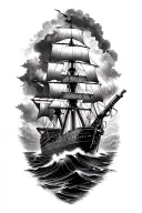 USS Constitution surrounded by rough seas, US Navy flintlock pistol tattoo design idea