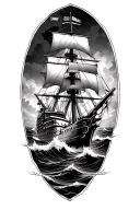 USS Constitution surrounded by rough seas, US Navy flintlock pistol tattoo design idea