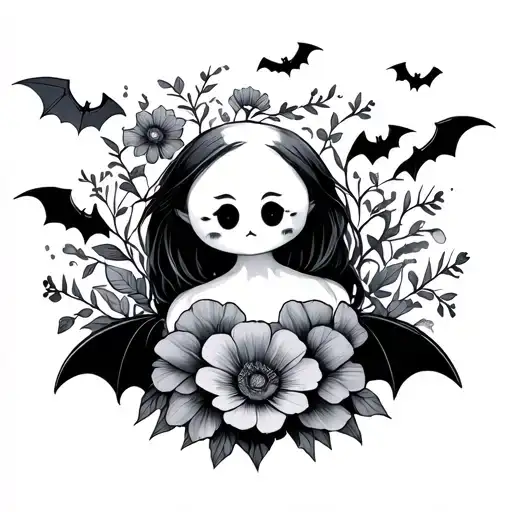 Cute, ghosts, flowers, bats tattoo design idea