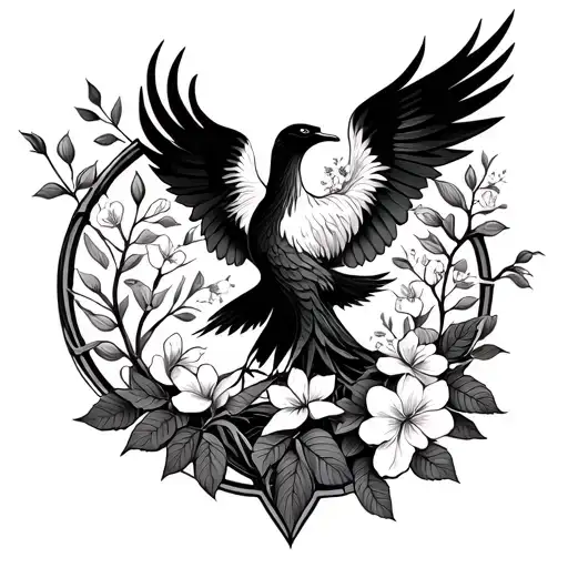 Flowers Leafs Cherry Blossom Phoenix and Tree of Life tattoo design idea