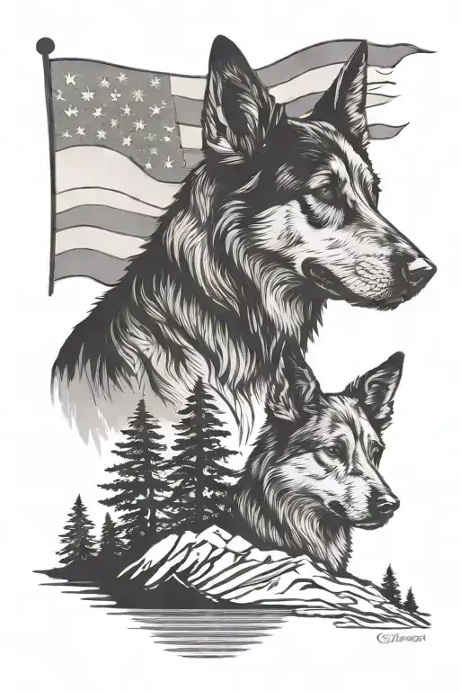 A silhouette german shepherd and border collie standing together on a mountain peak American flag waving "diabetes" tattoo design idea