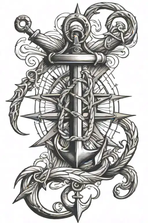 anchor, compass rose intertwined tattoo design idea