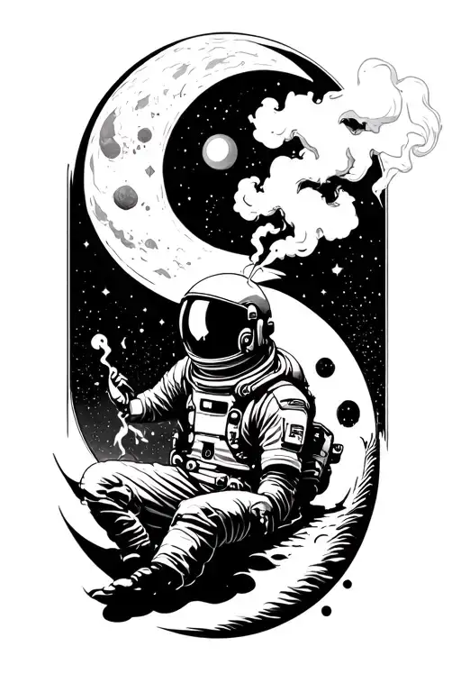 A quad tatto with a astranaut smoking on a cresent moon with a timeless background  tattoo design idea