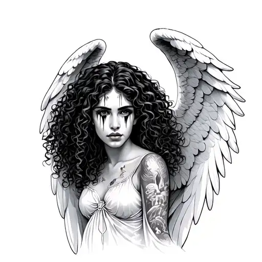 female curly hair Latina angel with tears   tattoo design idea