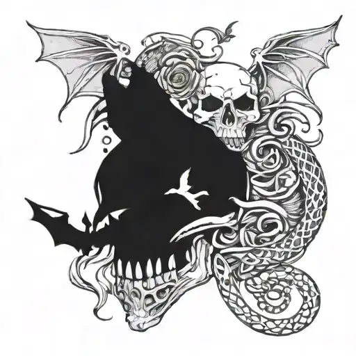 witchy snake wrapping around a skull surrounded by flying bats tattoo design idea