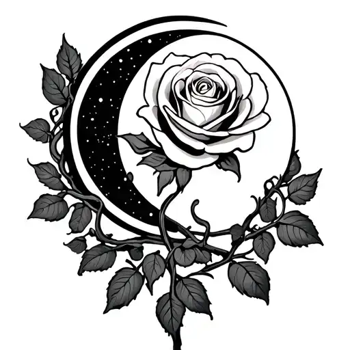 Rose with a Full moon in the center of the rose. the moon wraped with the Roses throne vine a Nova behind the rose tattoo design idea
