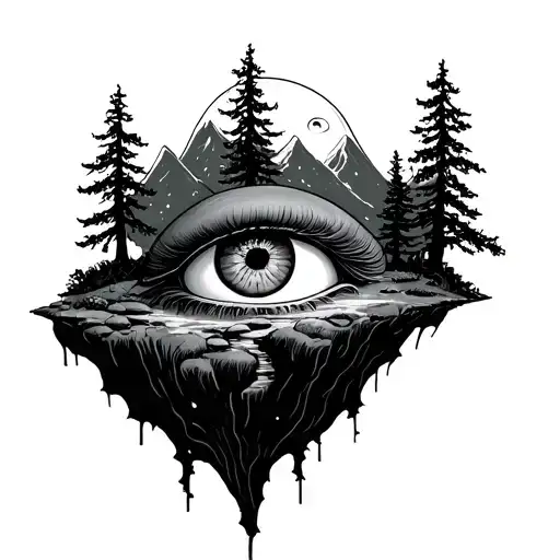 floating island, steep path, mushroom, forest, mountain, moon eye tattoo design idea
