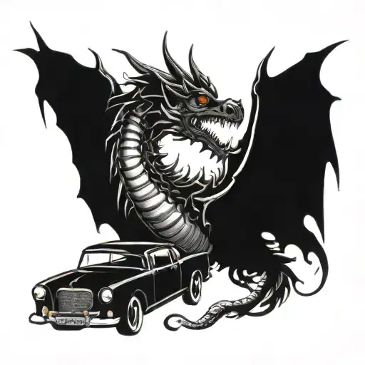 A tattoo of a vintage car transformed into a mythical creature like a dragon or phoenix tattoo design idea