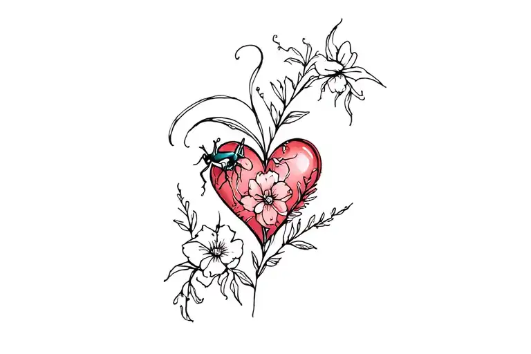 heart with flowers and grasshopper tattoo design idea