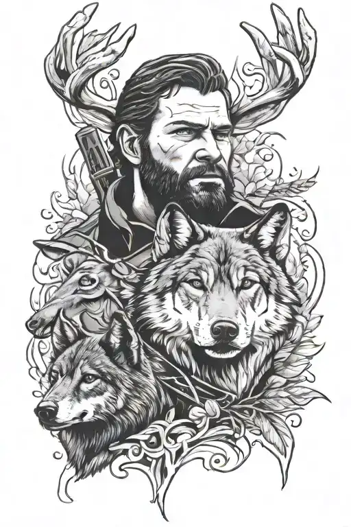 Arthur morgan portrait with a wolf and a deer beneath him tattoo design idea