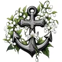 cross faith anchor with lily of valley and hawthorne tattoo design idea