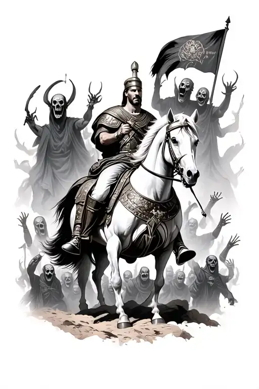 Roman general on his horse surrounded by a horde of ghouls tattoo design idea