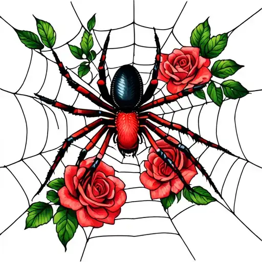 Redback spider on web with roses blooming tattoo design idea