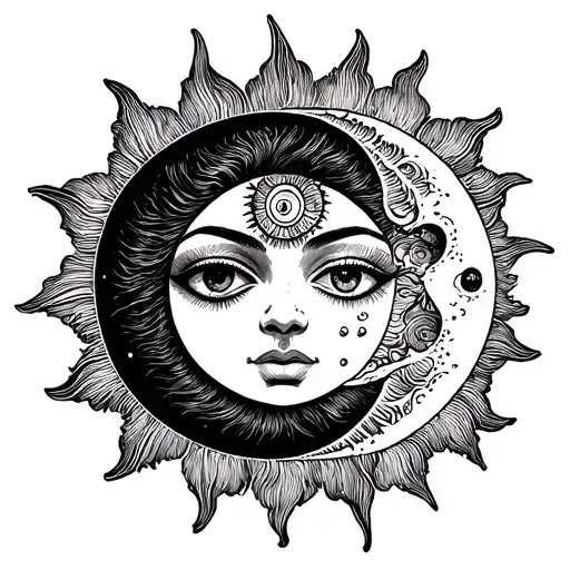 sun and moon with face one eye tattoo design idea
