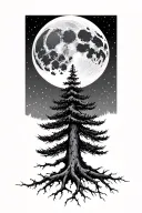 large slim moon behind pine trees knotted and thorned roots tattoo design idea