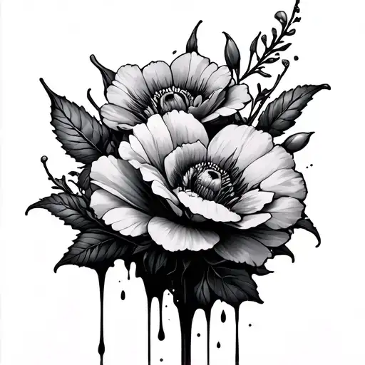 dead flowers dripping blood tattoo design idea