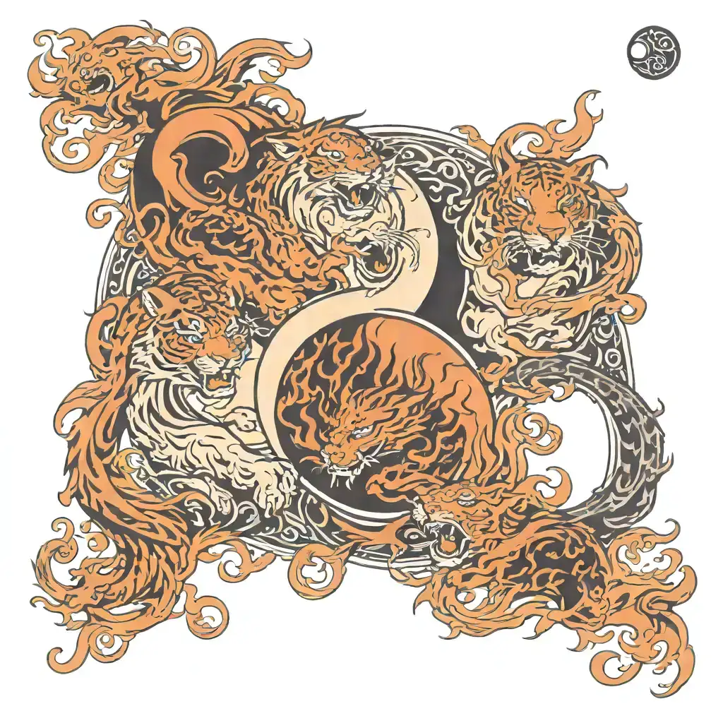 yin and yang with tiger and dragon and with flames around the yin and yang tattoo design idea