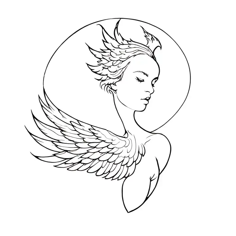 Tattoo of a phoenix woman, on my shoulder, head resting on my shoulder, wings spread, tattoo design idea