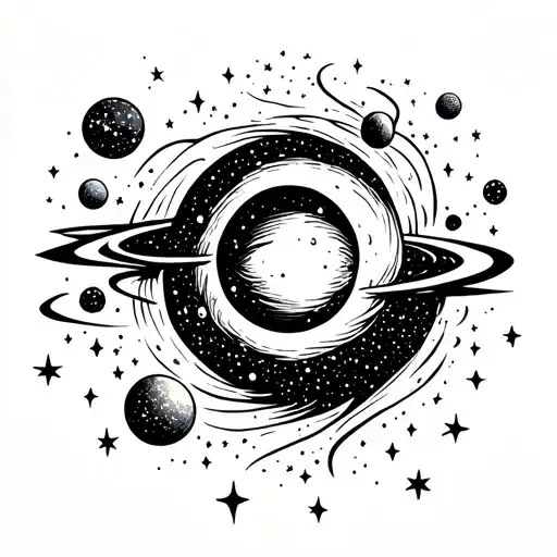 supermassive black hole in outer space with galaxies and celestial objects. tattoo design idea