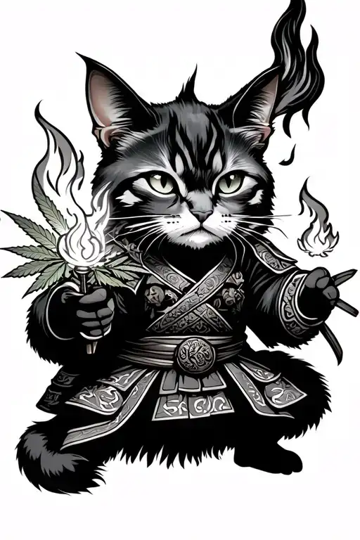 samurai warlock cat, wielding fireballs in a cannabis plantation, traditional Japanese tattoo design idea
