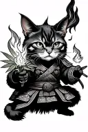 samurai warlock cat, wielding fireballs in a cannabis plantation, traditional Japanese tattoo design idea
