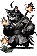 samurai warlock cat, wielding fireballs in a cannabis plantation, traditional Japanese tattoo design idea
