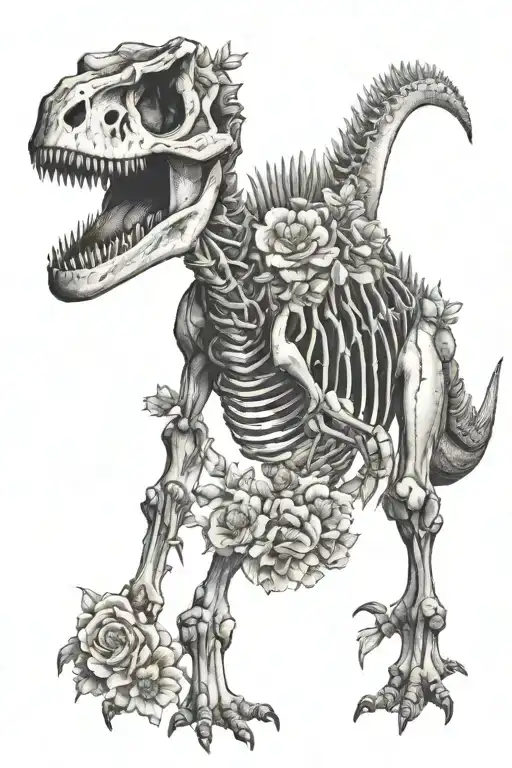 dinosaur skeleton with flowers tattoo design idea