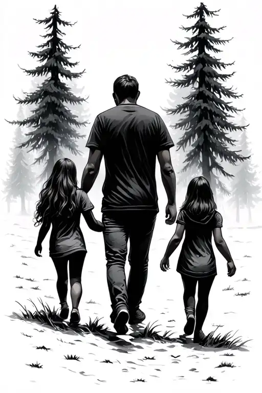 father,mother and 2 daughters walking through a dense pine forest tattoo design idea