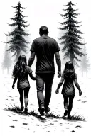 father,mother and 2 daughters walking through a dense pine forest tattoo design idea