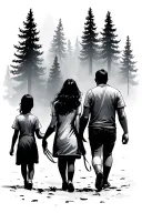 father,mother and 2 daughters walking through a dense pine forest tattoo design idea