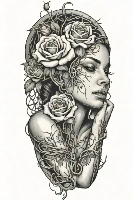 Naked girl, intertwined roots growing from chains on wrist, roses with sharp vines tattoo design idea